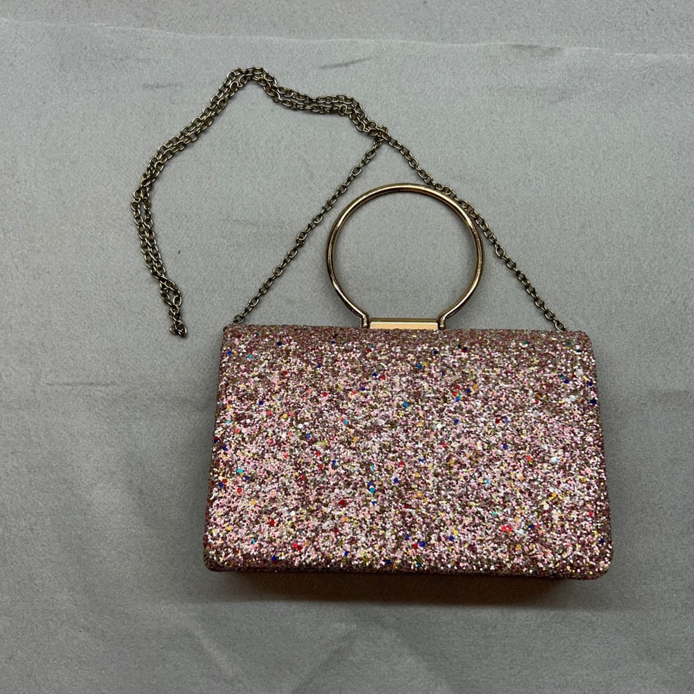 Pink Multi Glitter Clutch Bag Gold Ring Handle Crossbody Chain Evening Purse